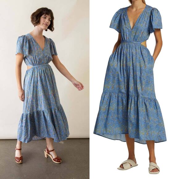 Xirena Gabrielle Dress Blue Floral Midi Tiered Back Cutout V-Neck Sz L - Picture 1 of 10